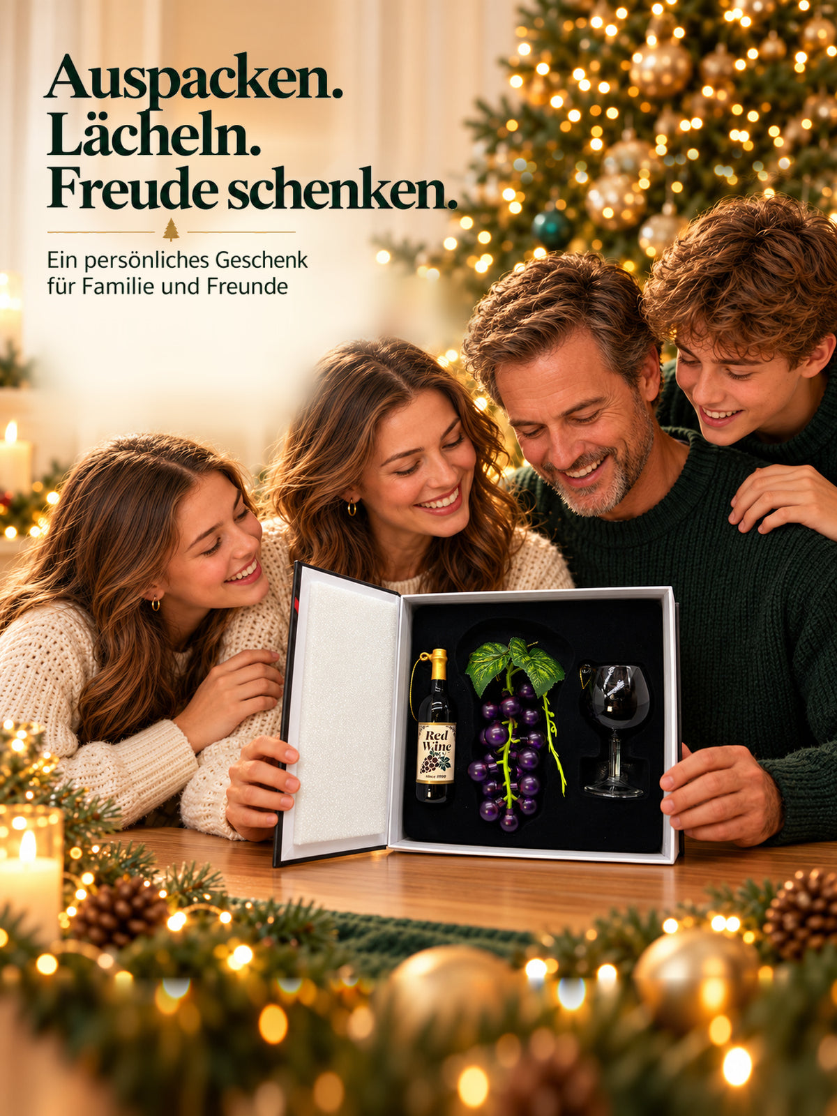ArtiTree glazen beeldjesset Wijnmomenten – Familie opent samen de boekverpakking, 'Uitpakken. Lachen. Vreugde schenken.', feestelijke kerstsfeer