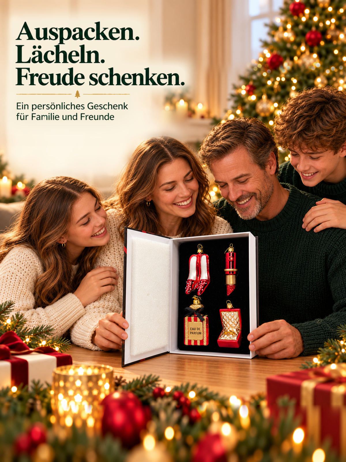 ArtiTree Glasfigurenset Festive Glam – Familie öffnet gemeinsam die Buchverpackung, „Auspacken. Lächeln. Freude schenken.", festliche Weihnachtsstimmung