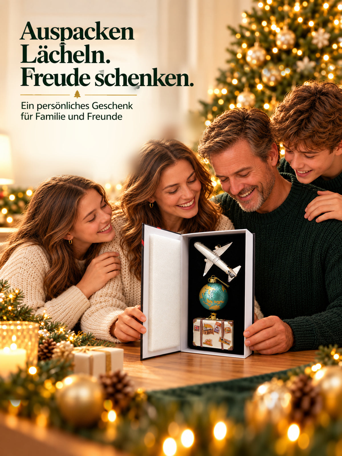 ArtiTree Glasfigurenset Travel Set – Familie öffnet gemeinsam die Buchverpackung, „Auspacken. Lächeln. Freude schenken.", festliche Weihnachtsstimmung