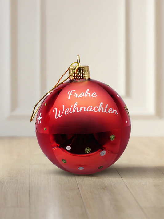 ArtiTree glazen kerstbal van 8 cm in rood met opschrift „Vrolijk Kerstmis" en gouden glitters