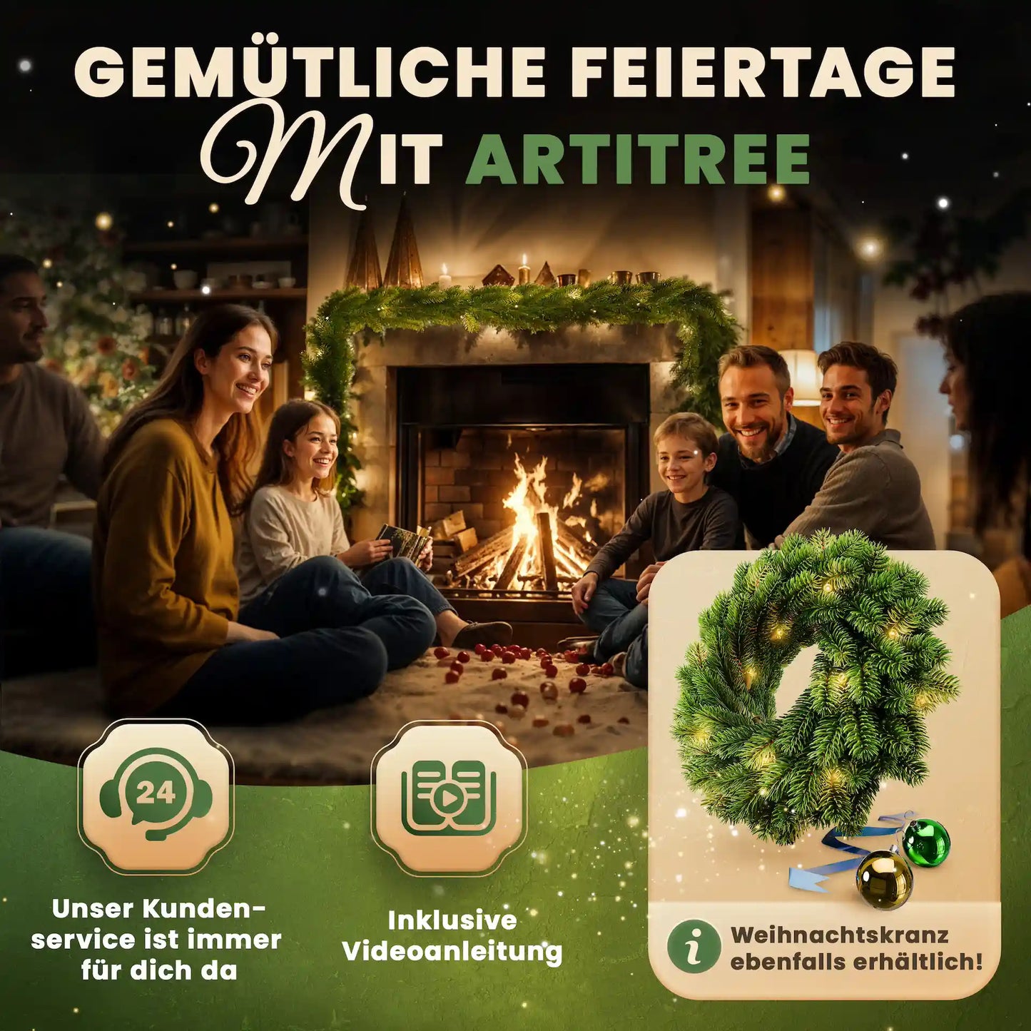 Weihnachtsgirlande hängt um einen Kamin und eine Familie sitzt daneben