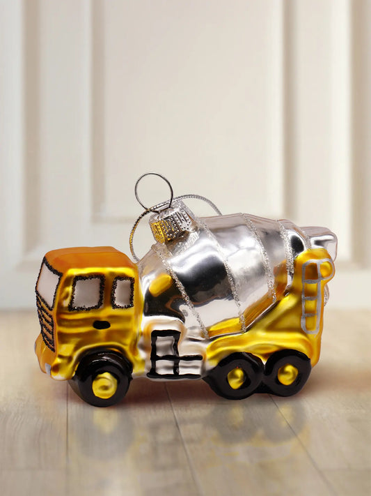 Glasornament Betonfahrmischer: Glasfigur Betonfahrmischer in Gelb und Silber mit schwarzen Rädern und schwarzen Fensterdetails, silberner Aufhänger mit silberner Kordel