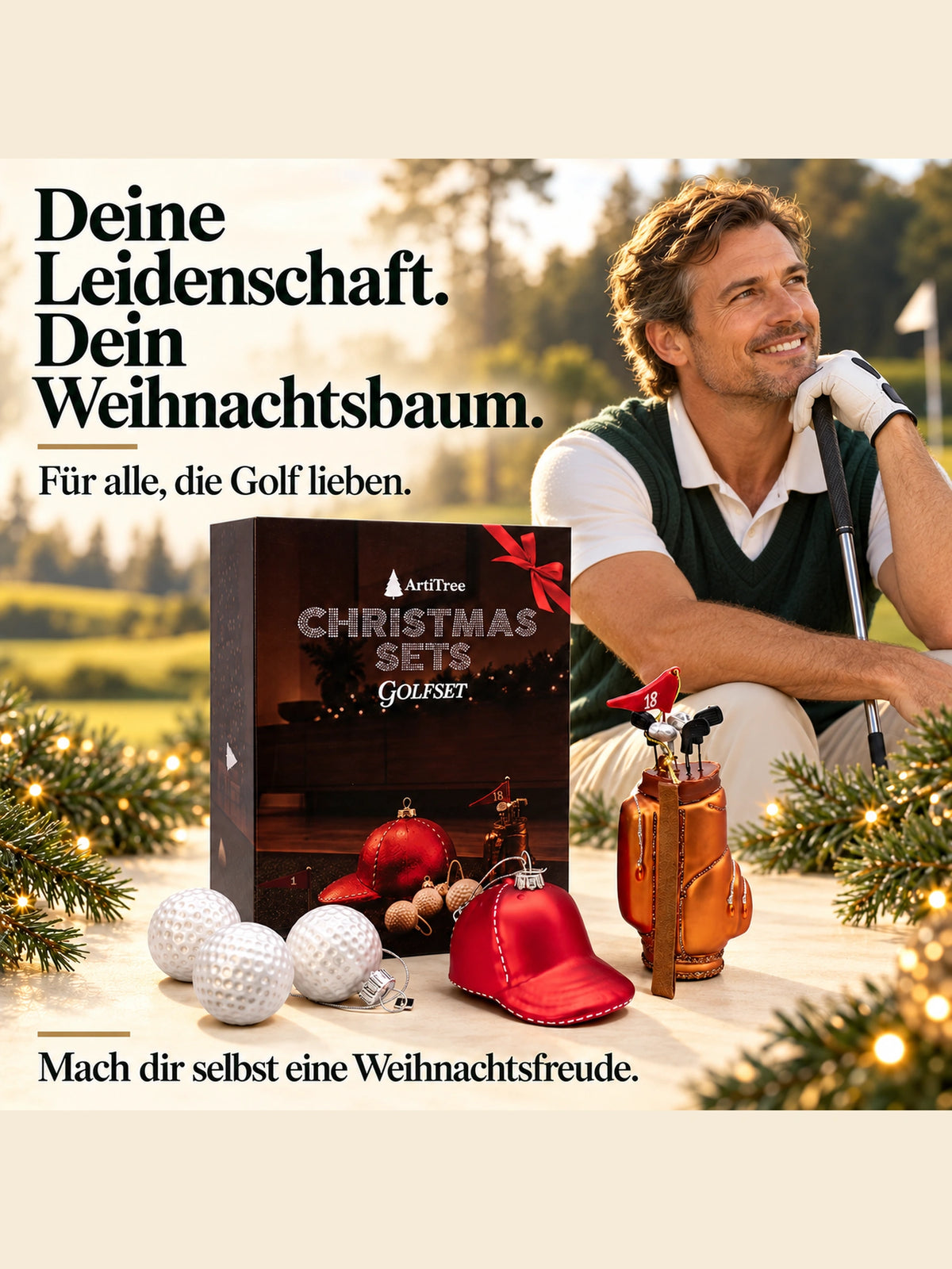 ArtiTree Glasfigurenset Golfset – Lifestyle-Aufnahme mit Person und Tagline „Für alle, die Golf lieben", Box und alle fünf Glasfiguren, goldene Weihnachtslichter im Hintergrund