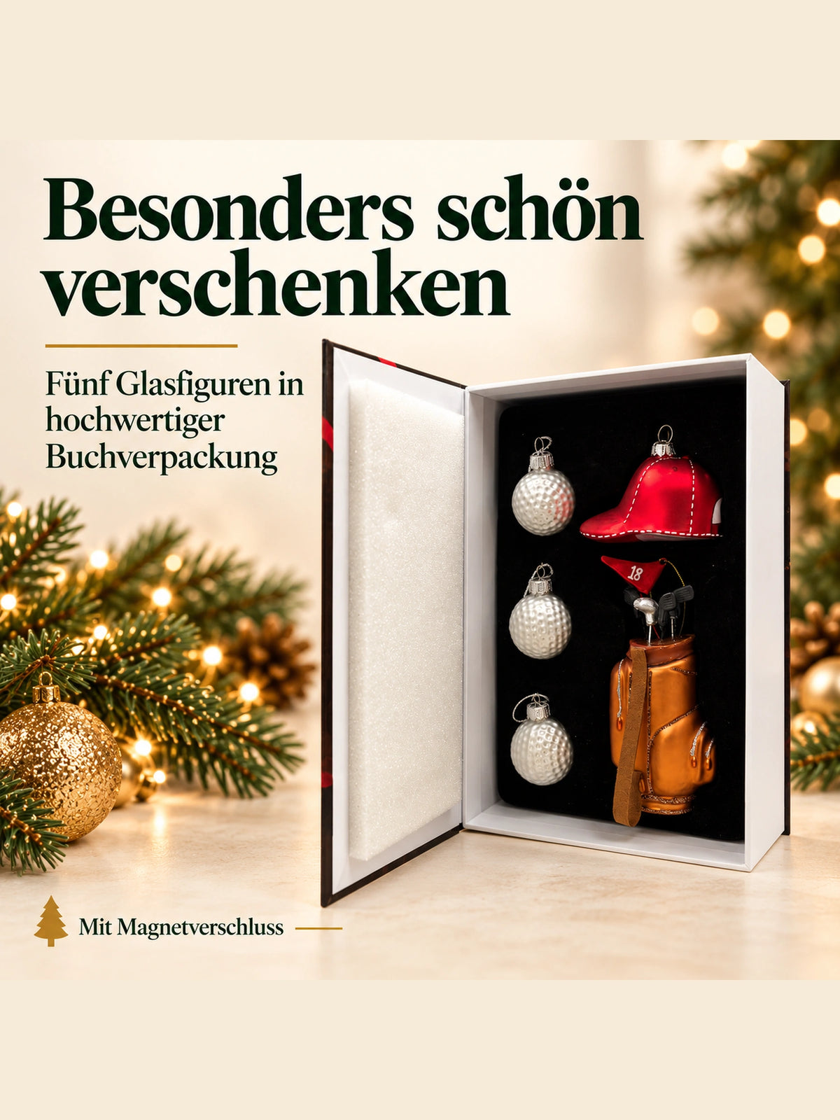 ArtiTree Glasfigurenset Golfset – Geöffnete Buchverpackung mit Magnetverschluss und fünf Glasfiguren, Aufschrift „Besonders schön verschenken – 5 Glasfiguren in hochwertiger Buchverpackung"