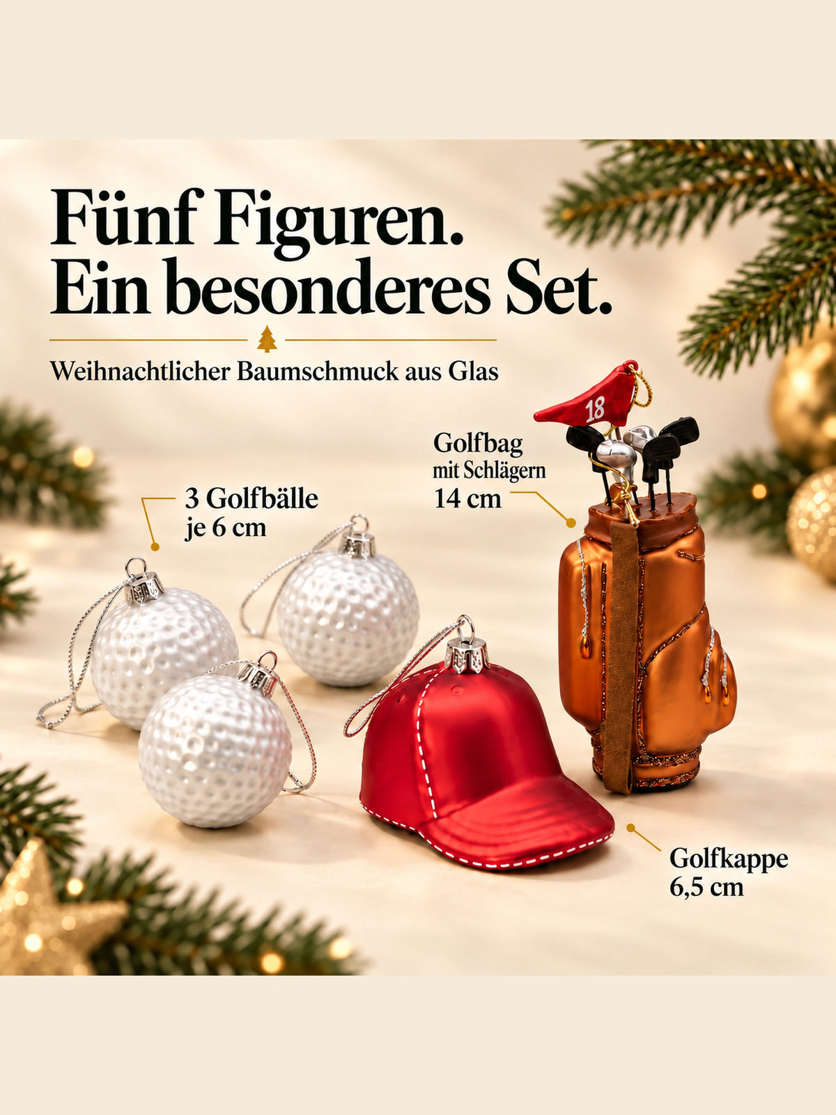 ArtiTree Glasfigurenset Golfset – Fünf Figuren mit Größenangaben: Golfbag mit Schlägern 14cm, Golfkappe 6,5cm, drei Golfbälle je 6cm