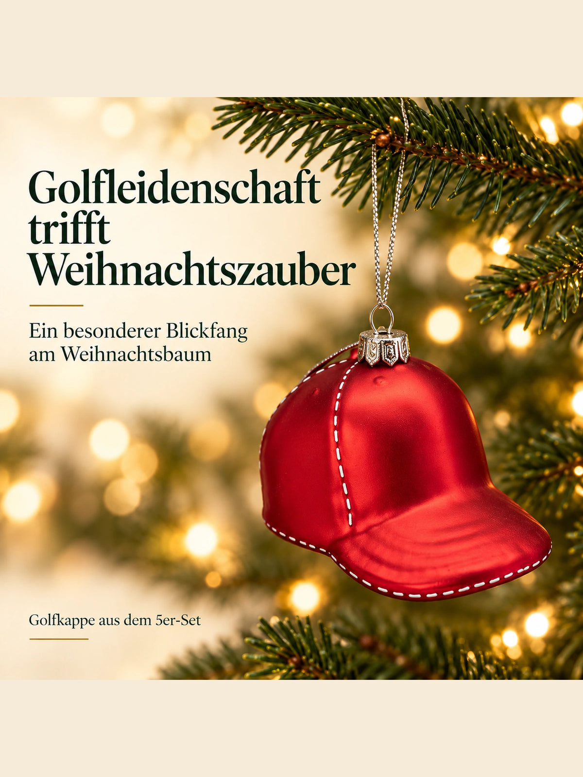 ArtiTree Glasfigur Golfkappe (rot, weiße Ziernähte, 6,5cm) am Weihnachtsbaum hängend – „Golfleidenschaft trifft Weihnachtszauber", goldenes Hängeelement