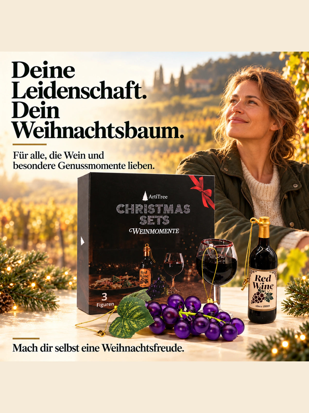 ArtiTree Glasfigurenset Weinmomente – Lifestyle-Aufnahme mit Person und Tagline „Für alle, die Wein lieben", Box und alle drei Glasfiguren, goldene Weihnachtslichter im Hintergrund