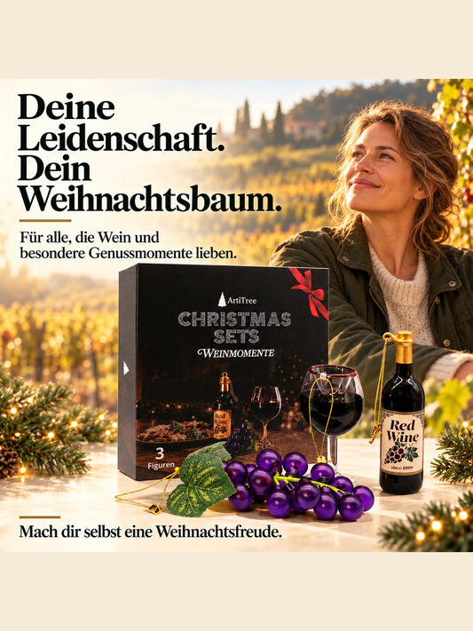 ArtiTree Glasfigurenset Weinmomente – Lifestyle-Aufnahme mit Person und Tagline „Für alle, die Wein lieben", Box und alle drei Glasfiguren, goldene Weihnachtslichter im Hintergrund