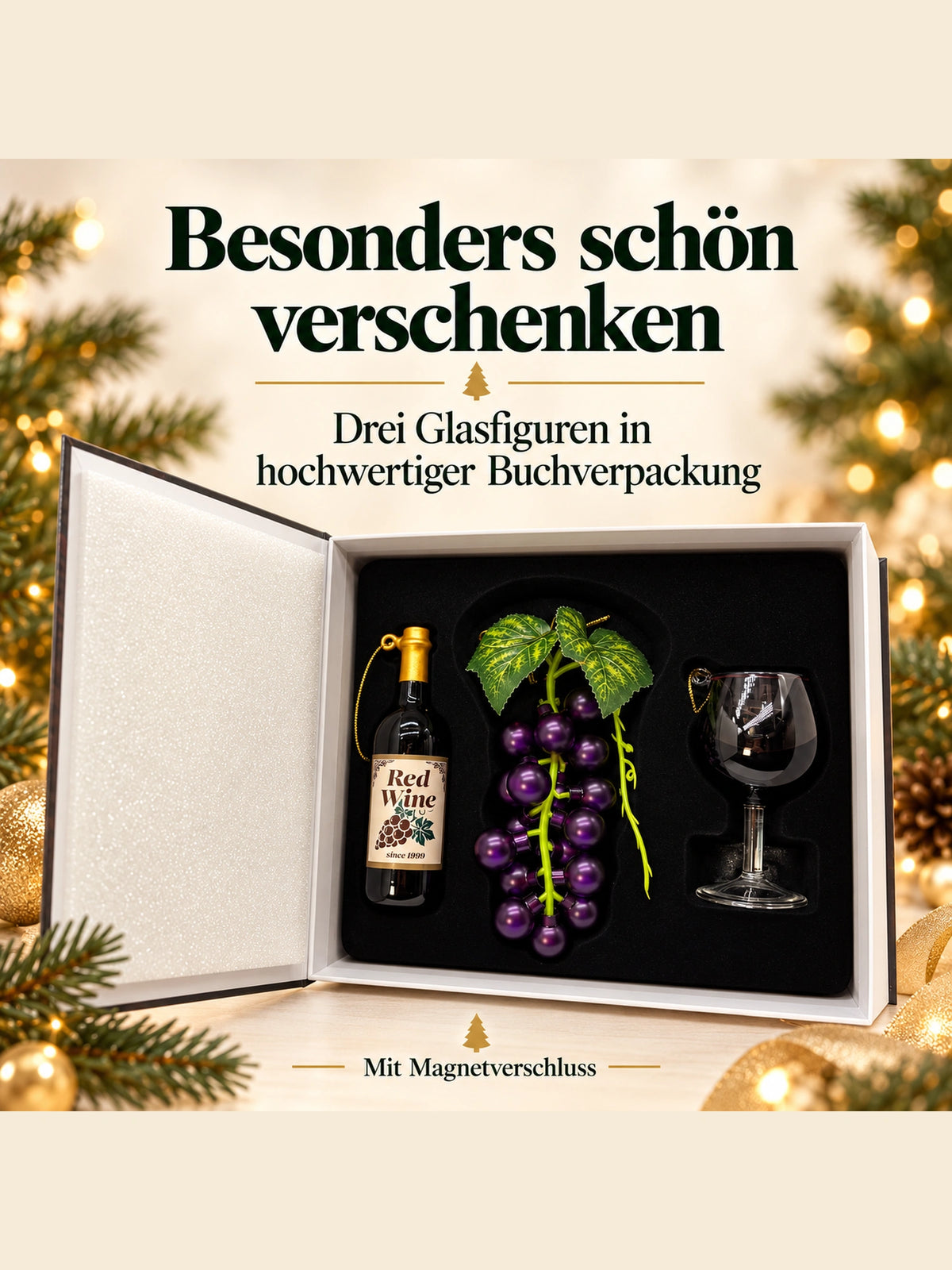 ArtiTree Glasfigurenset Weinmomente – Geöffnete Buchverpackung mit Magnetverschluss und drei Glasfiguren, Aufschrift „Besonders schön verschenken – 3 Glasfiguren in hochwertiger Buchverpackung"