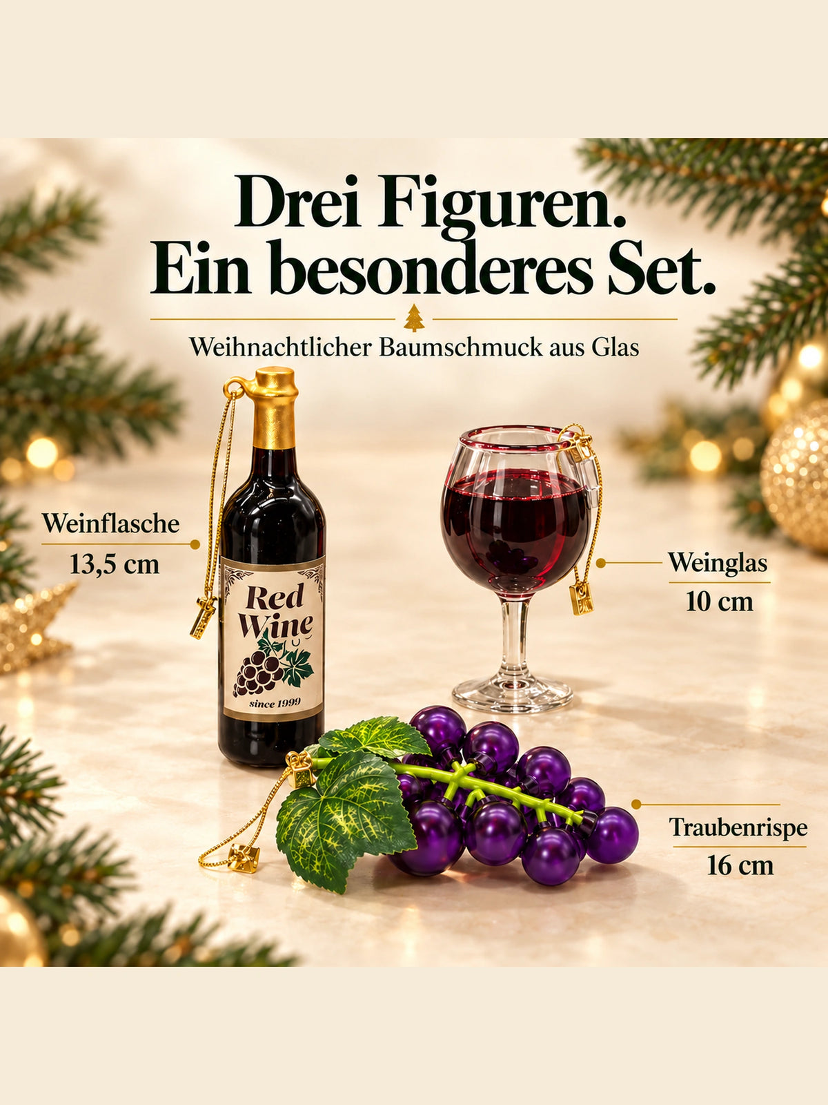 ArtiTree Glasfigurenset Weinmomente – Drei Figuren mit Größenangaben: Traubenrispe 16cm, Weinflasche 13,5cm, Weinglas 10cm