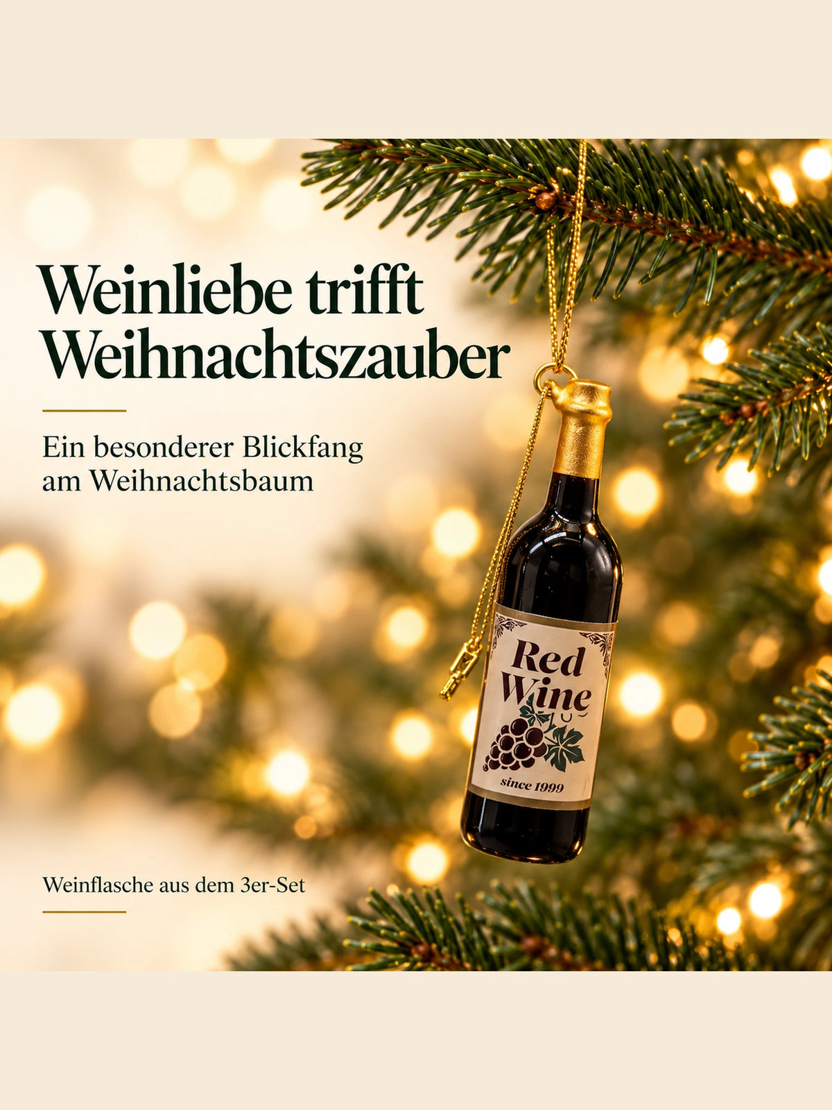 ArtiTree Glasfigur Weinflasche (dunkelrot, Aufschrift „Red Wine since 1999", 13,5cm) am Weihnachtsbaum hängend – „Weinliebe trifft Weihnachtszauber", goldenes Hängeelement