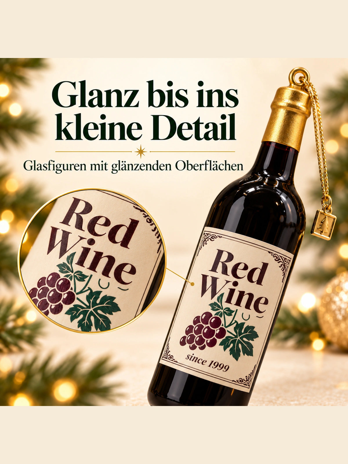ArtiTree Glasfigurenset Weinmomente – Detailnahaufnahme einer Glasfigur, handbemaltes Glas mit goldenem Glanzfinish, „Glanz bis ins kleine Detail"