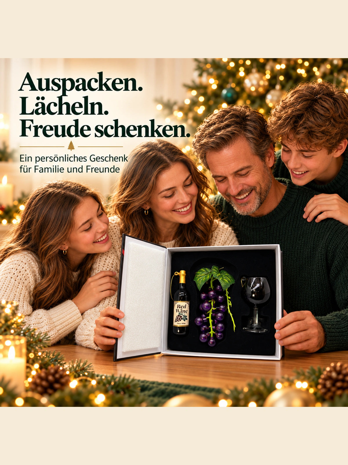 ArtiTree Glasfigurenset Weinmomente – Familie öffnet gemeinsam die Buchverpackung, „Auspacken. Lächeln. Freude schenken.", festliche Weihnachtsstimmung