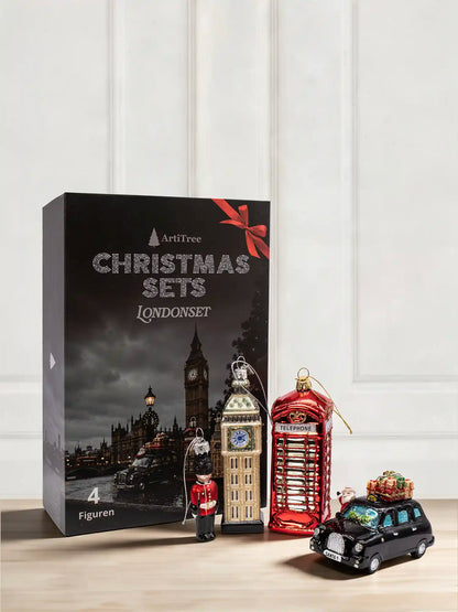 ArtiTree Glasfigurenset London Set – Vier Glasfiguren (Big Ben, rote Telefonzelle, Gardist, schwarzes London-Taxi)