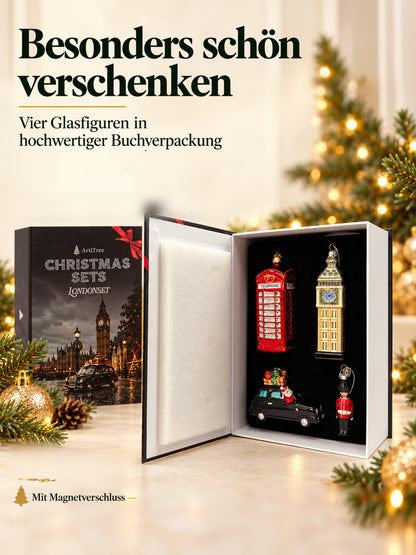 ArtiTree Glasfigurenset London Set – Geöffnete Buchverpackung mit Magnetverschluss und vier Glasfiguren, Aufschrift „Besonders schön verschenken – 4 Glasfiguren in hochwertiger Buchverpackung"