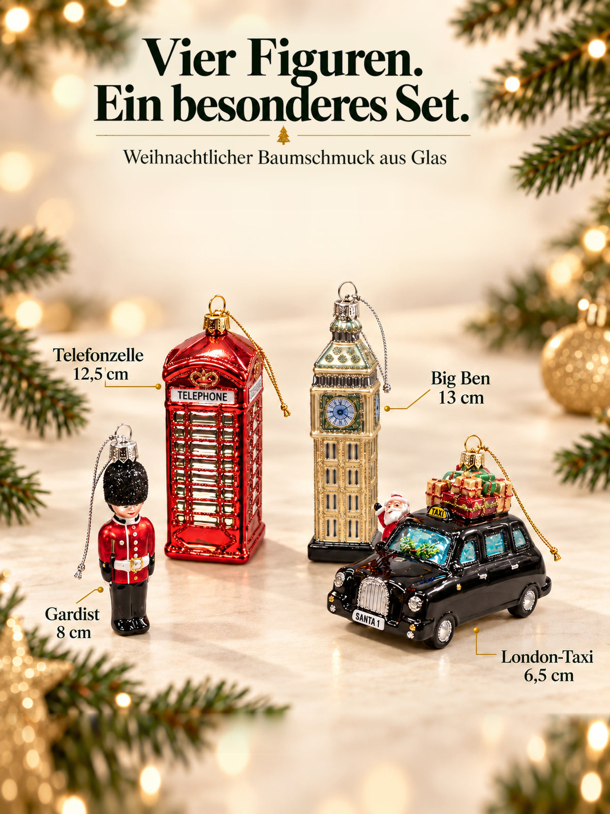 ArtiTree Glasfigurenset London Set – Vier Figuren mit Größenangaben: Big Ben 13cm, Telefonzelle 12,5cm, Gardist 8cm, London-Taxi 6,5cm