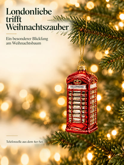 ArtiTree Glasfigur Telefonzelle London (rot, Aufschrift „Telephone", 12,5cm) am Weihnachtsbaum hängend – „Londonliebe trifft Weihnachtszauber", goldenes Hängeelement
