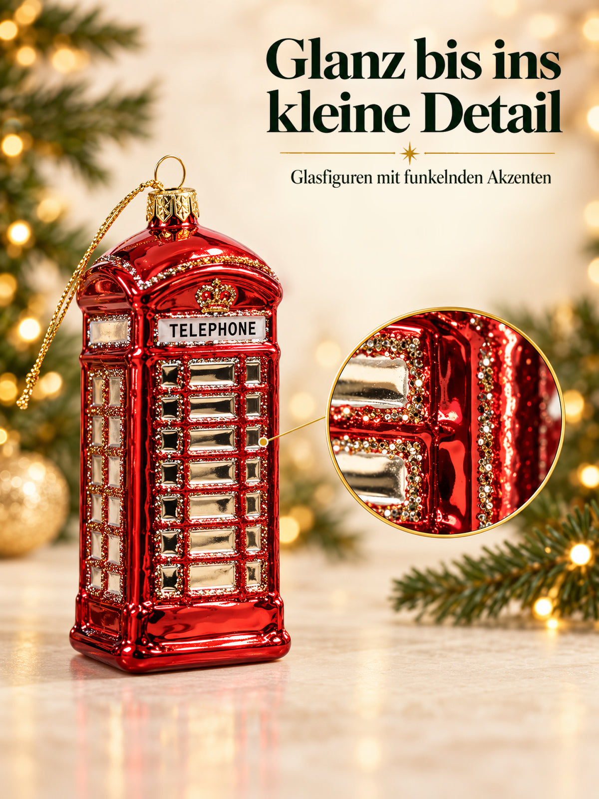 ArtiTree Glasfigurenset London Set – Detailnahaufnahme einer Glasfigur, handbemaltes Glas mit goldenem Glanzfinish, „Glanz bis ins kleine Detail"