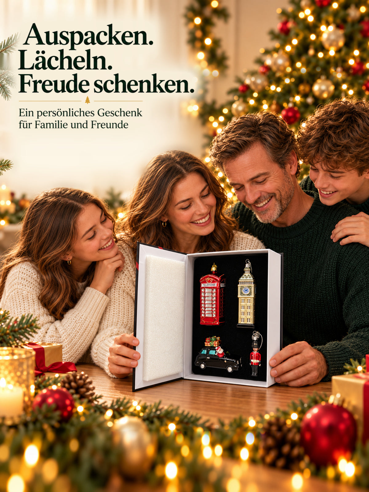 ArtiTree Glasfigurenset London Set – Familie öffnet gemeinsam die Buchverpackung, „Auspacken. Lächeln. Freude schenken.", festliche Weihnachtsstimmung