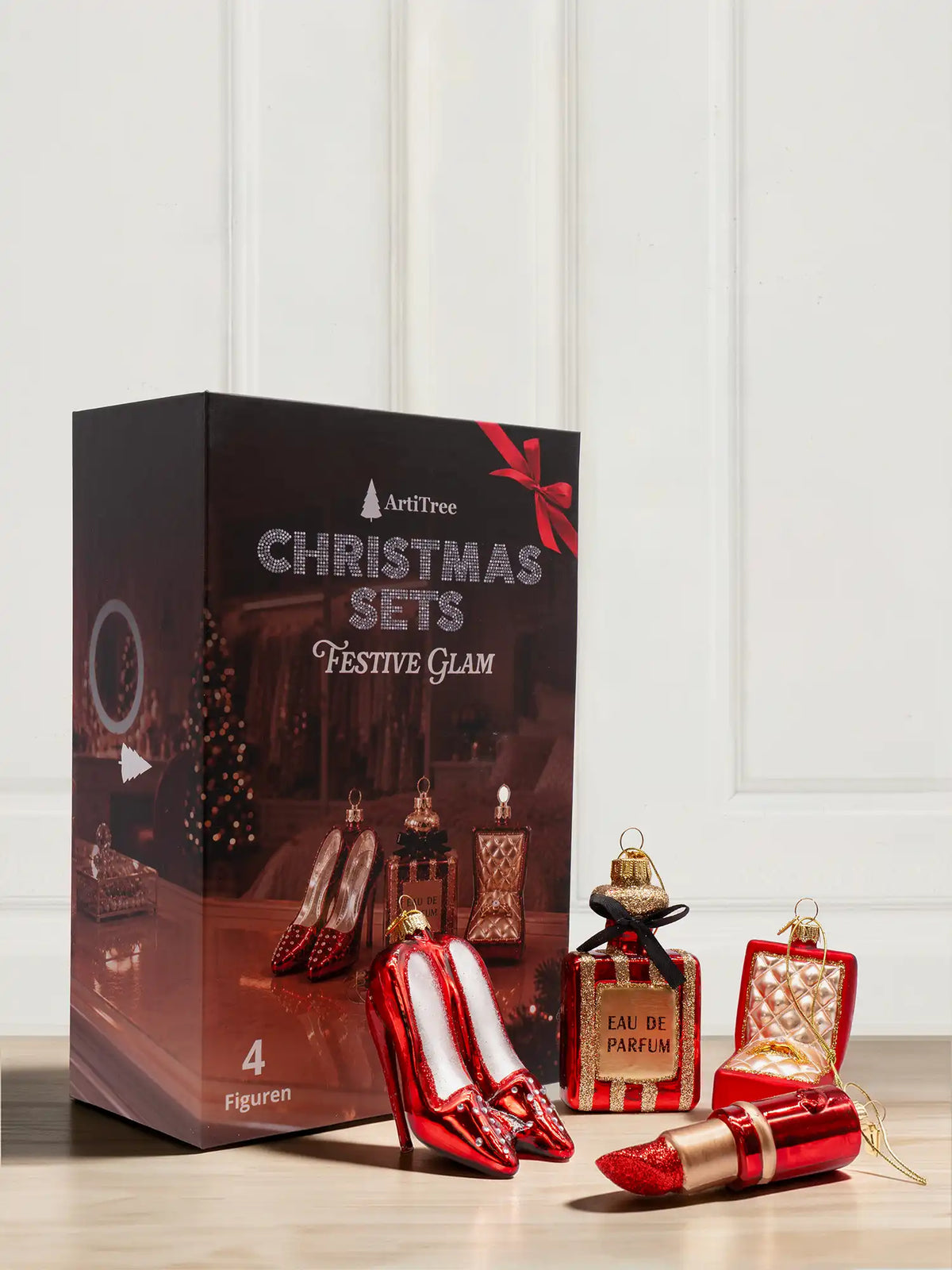 ArtiTree Glasfigurenset Festive Glam – Vier Glasfiguren (Lippenstift, Schuhpaar, Parfumflakon, Ringschatulle)