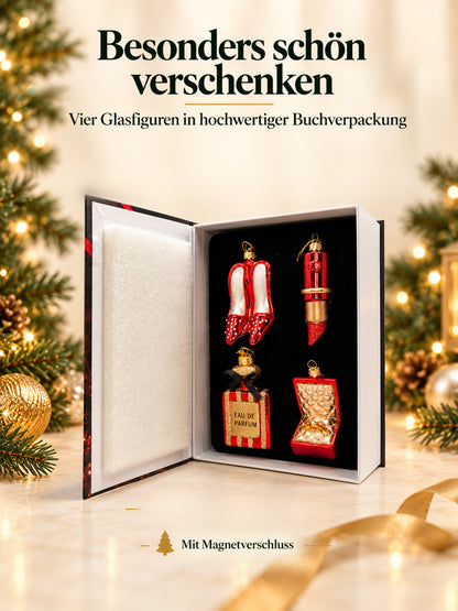 ArtiTree Glasfigurenset Festive Glam – Geöffnete Buchverpackung mit Magnetverschluss und vier Glasfiguren, Aufschrift „Besonders schön verschenken – 4 Glasfiguren in hochwertiger Buchverpackung"