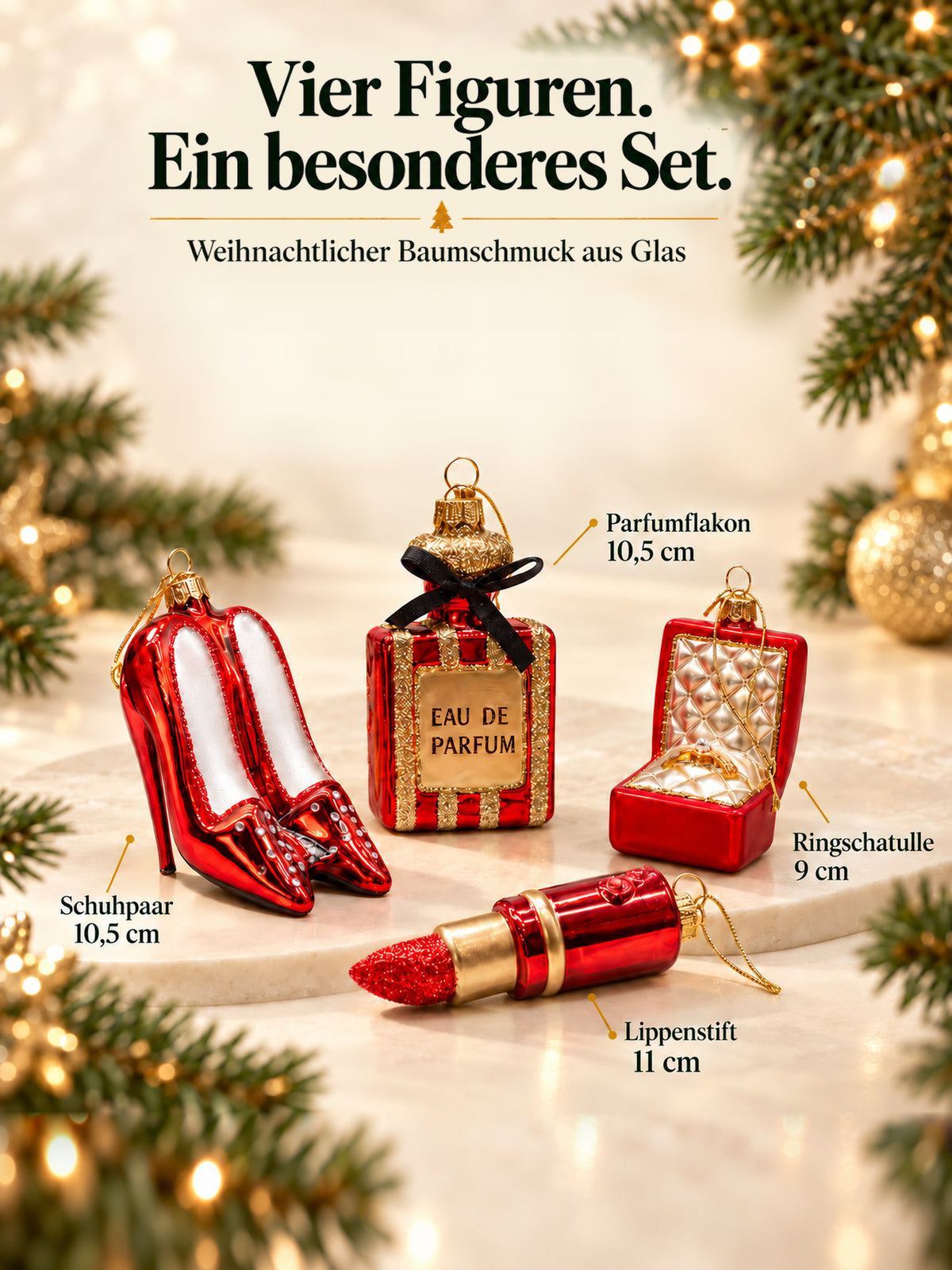 ArtiTree Glasfigurenset Festive Glam – Vier Figuren mit Größenangaben: Lippenstift 11cm, Schuhpaar 10,5cm, Parfumflakon 10,5cm, Ringschatulle 9cm