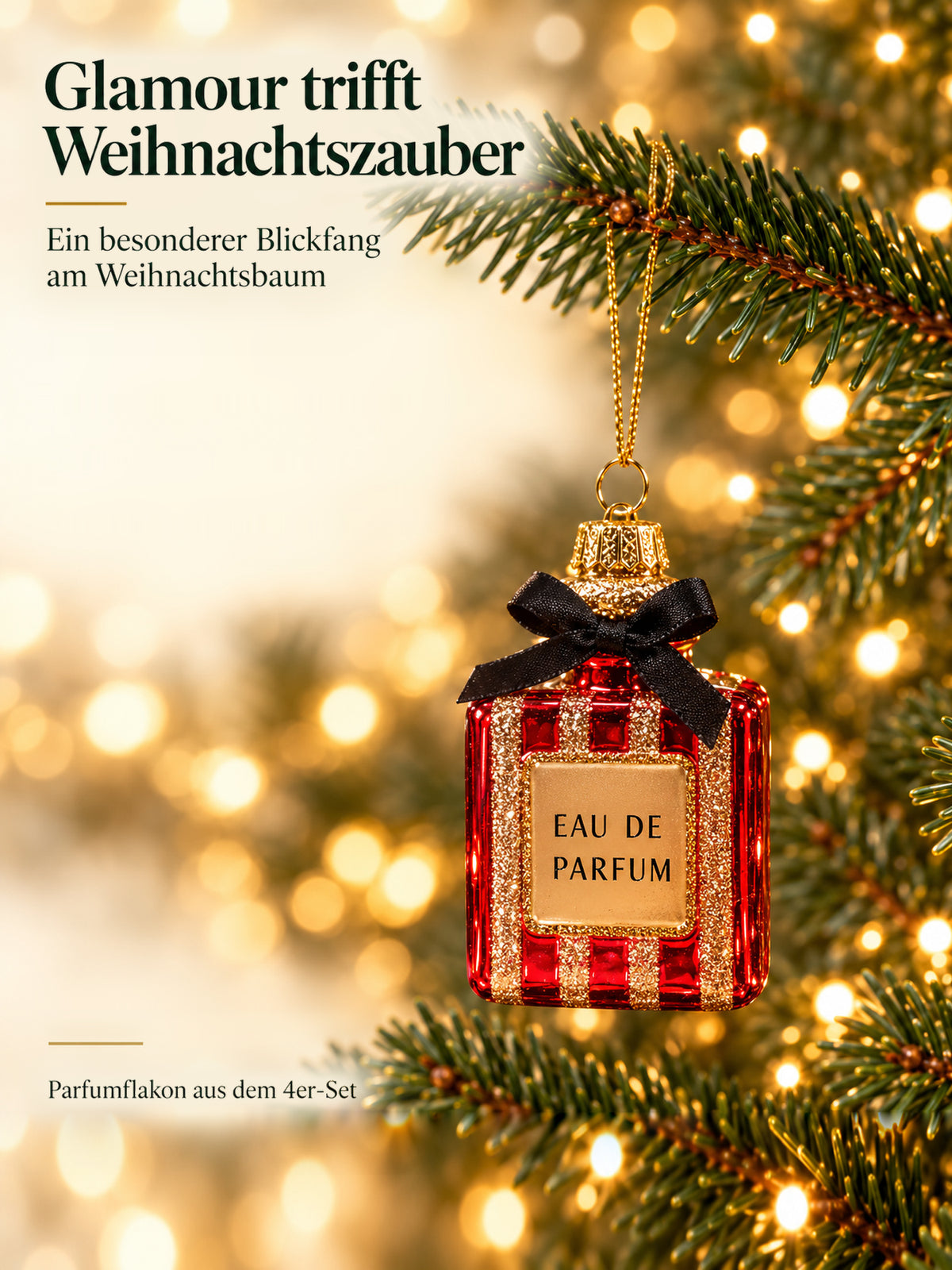 ArtiTree Glasfigur Parfumflakon (rot-gold, Aufschrift „Eau de Parfum", schwarze Schleife, 10,5cm) am Weihnachtsbaum hängend – „Glamour trifft Weihnachtszauber", goldenes Hängeelement