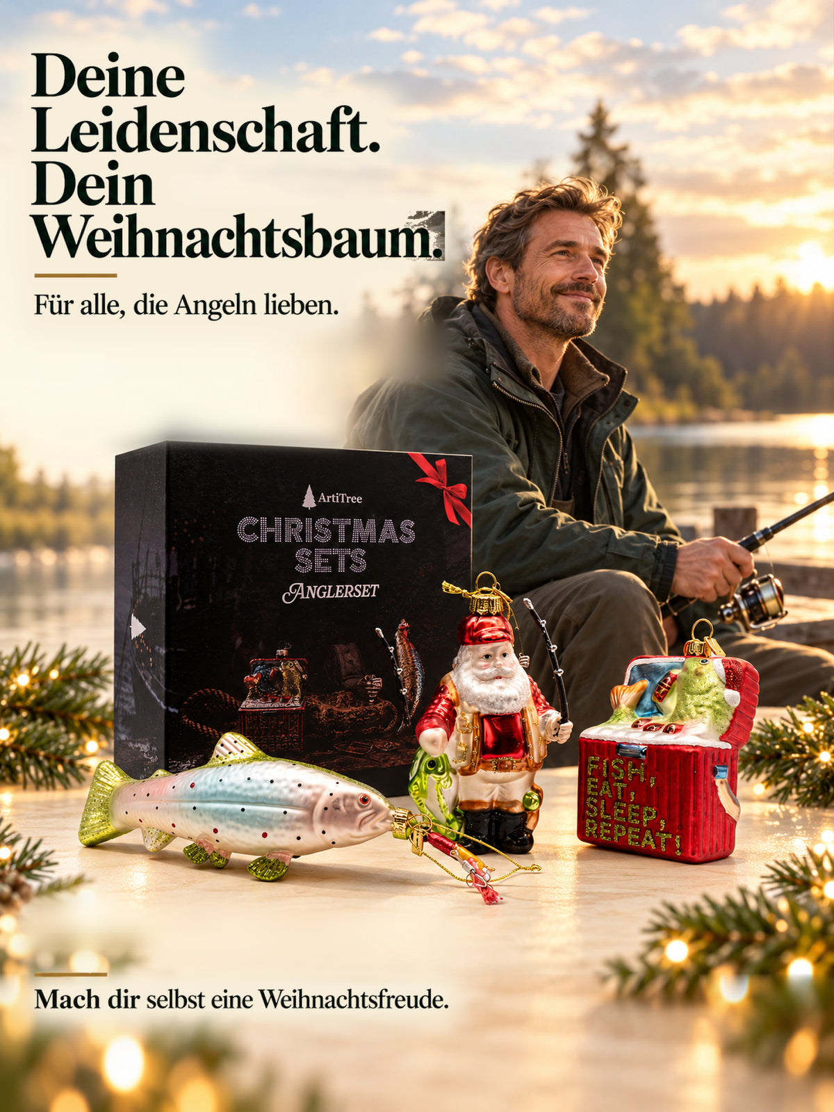 ArtiTree Glasfigurenset Anglerset – Lifestyle-Aufnahme mit Person und Tagline „Für alle, die Angeln lieben", Box und alle drei Glasfiguren, goldene Weihnachtslichter im Hintergrund