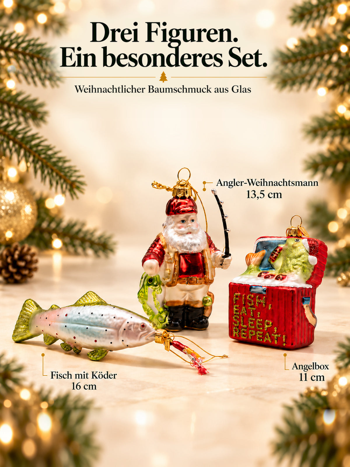 ArtiTree Glasfigurenset Anglerset – Drei Figuren mit Größenangaben: Fisch mit Köder 16cm, Angler-Weihnachtsmann 13,5cm, Angelbox 11cm