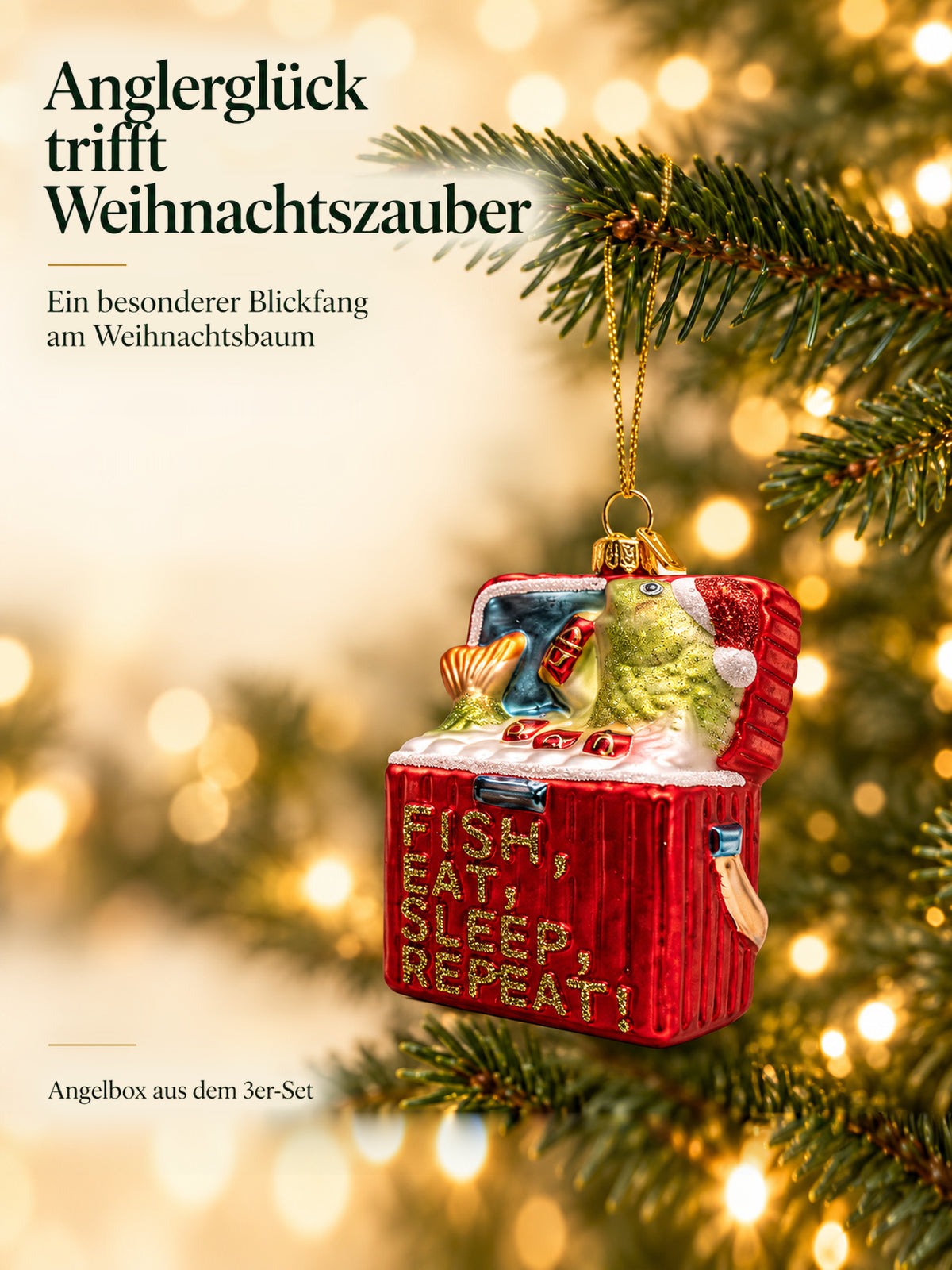 ArtiTree Glasfigur Angelbox (rot, Aufschrift „Fish Eat Sleep Repeat", grüner Fisch mit Weihnachtsmütze, 11cm) am Weihnachtsbaum hängend – „Anglerglück trifft Weihnachtszauber", goldenes Hängeelement