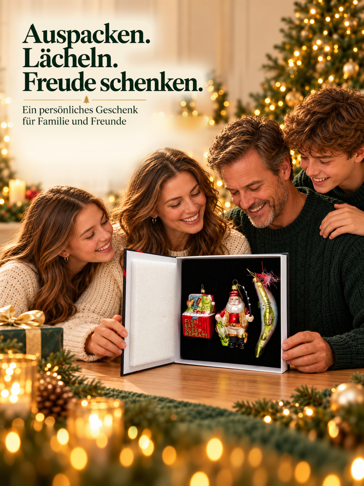 ArtiTree Glasfigurenset Anglerset – Familie öffnet gemeinsam die Buchverpackung, „Auspacken. Lächeln. Freude schenken.", festliche Weihnachtsstimmung