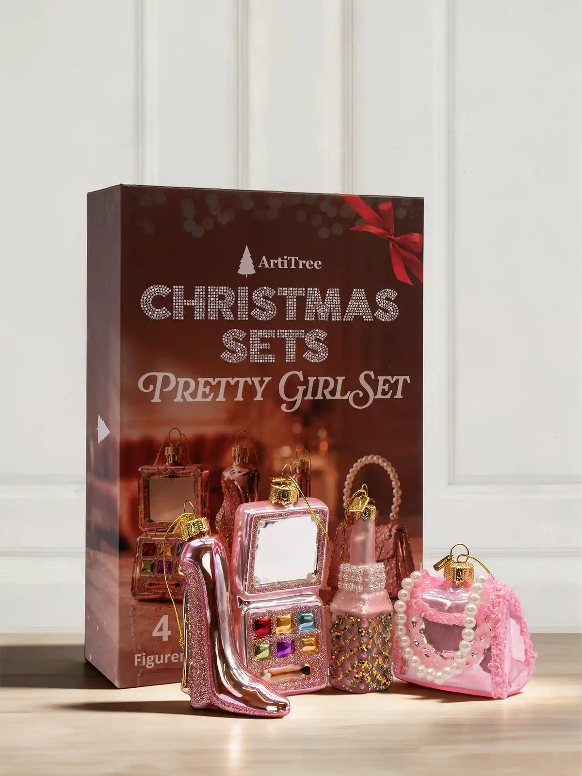 ArtiTree Glasfigurenset Pretty Girl Set – Vier Glasfiguren (pinker High-Heel-Stiefel, Make-up-Palette, Lipgloss, pinke Handtasche mit Perlenkette)