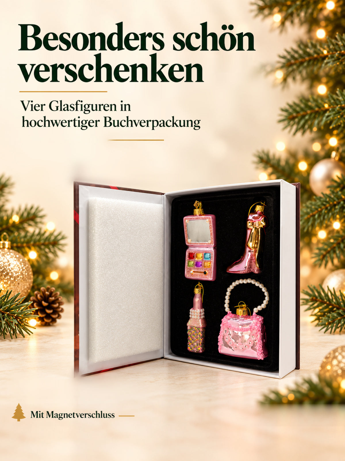 ArtiTree Glasfigurenset Pretty Girl Set – Geöffnete Buchverpackung mit Magnetverschluss und vier Glasfiguren, Aufschrift „Besonders schön verschenken – 4 Glasfiguren in hochwertiger Buchverpackung"