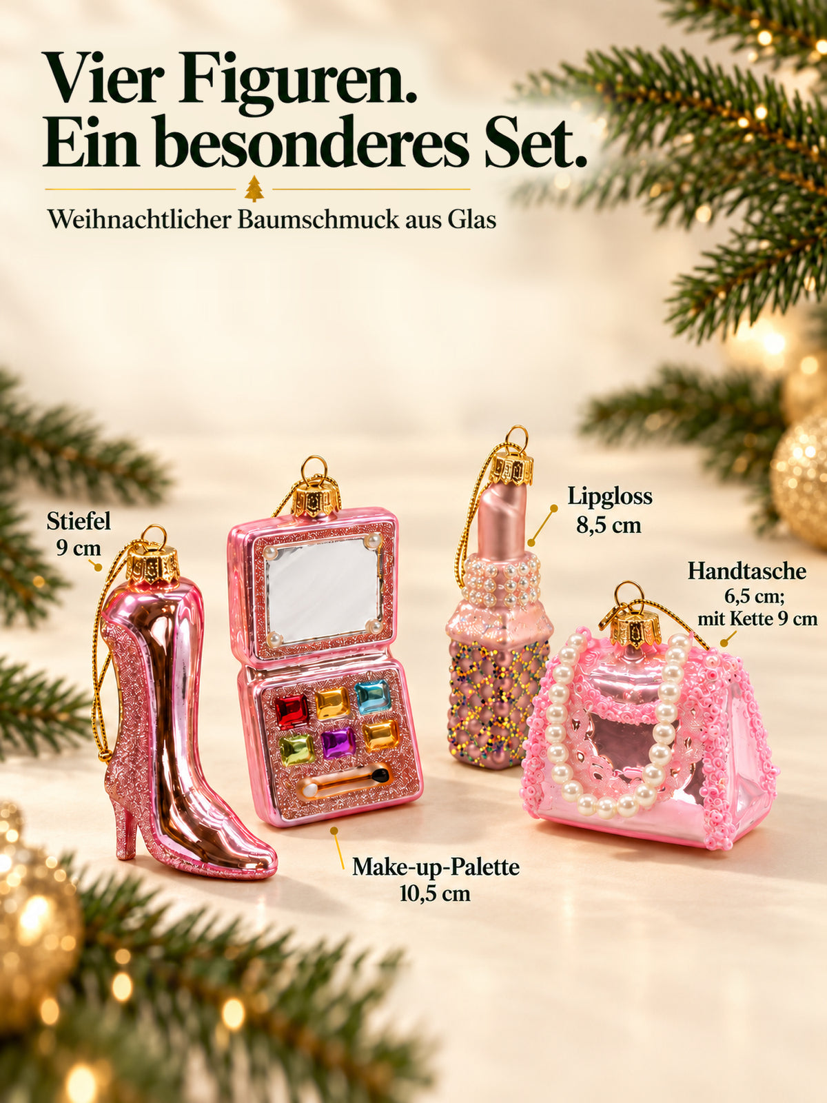 ArtiTree Glasfigurenset Pretty Girl Set – Vier Figuren mit Größenangaben: Make-up-Palette 10,5cm, Stiefel 9cm, Lipgloss 8,5cm, Handtasche 6,5cm