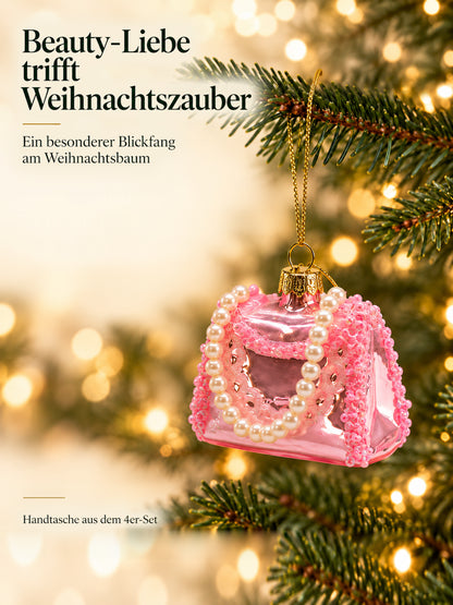 ArtiTree Glasfigur Handtasche (pink, Perlenkette als Deko, Herzausschnitt, 6,5cm) am Weihnachtsbaum hängend – „Beauty-Liebe trifft Weihnachtszauber", goldenes Hängeelement
