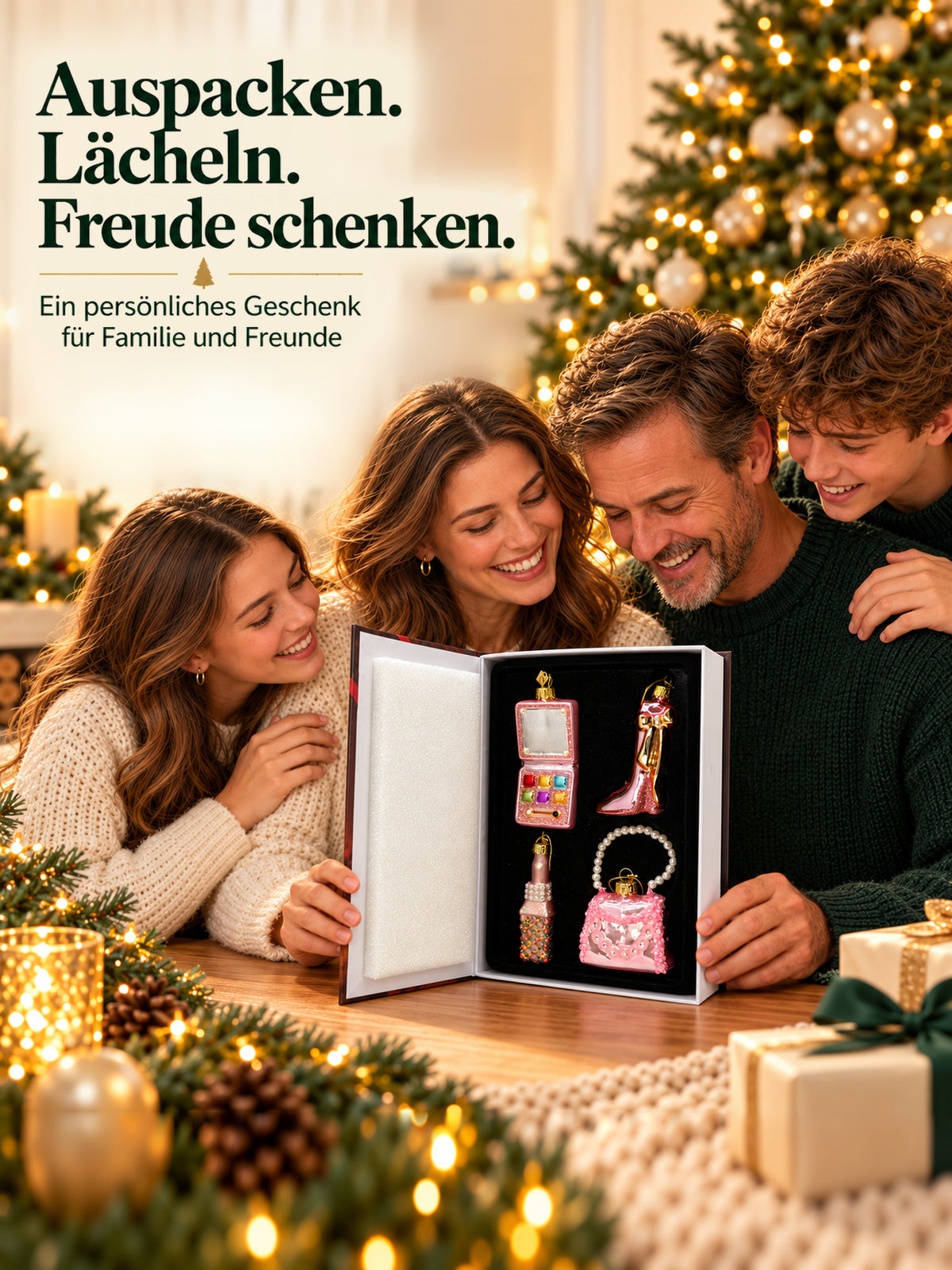 ArtiTree Glasfigurenset Pretty Girl Set – Familie öffnet gemeinsam die Buchverpackung, „Auspacken. Lächeln. Freude schenken.", festliche Weihnachtsstimmung