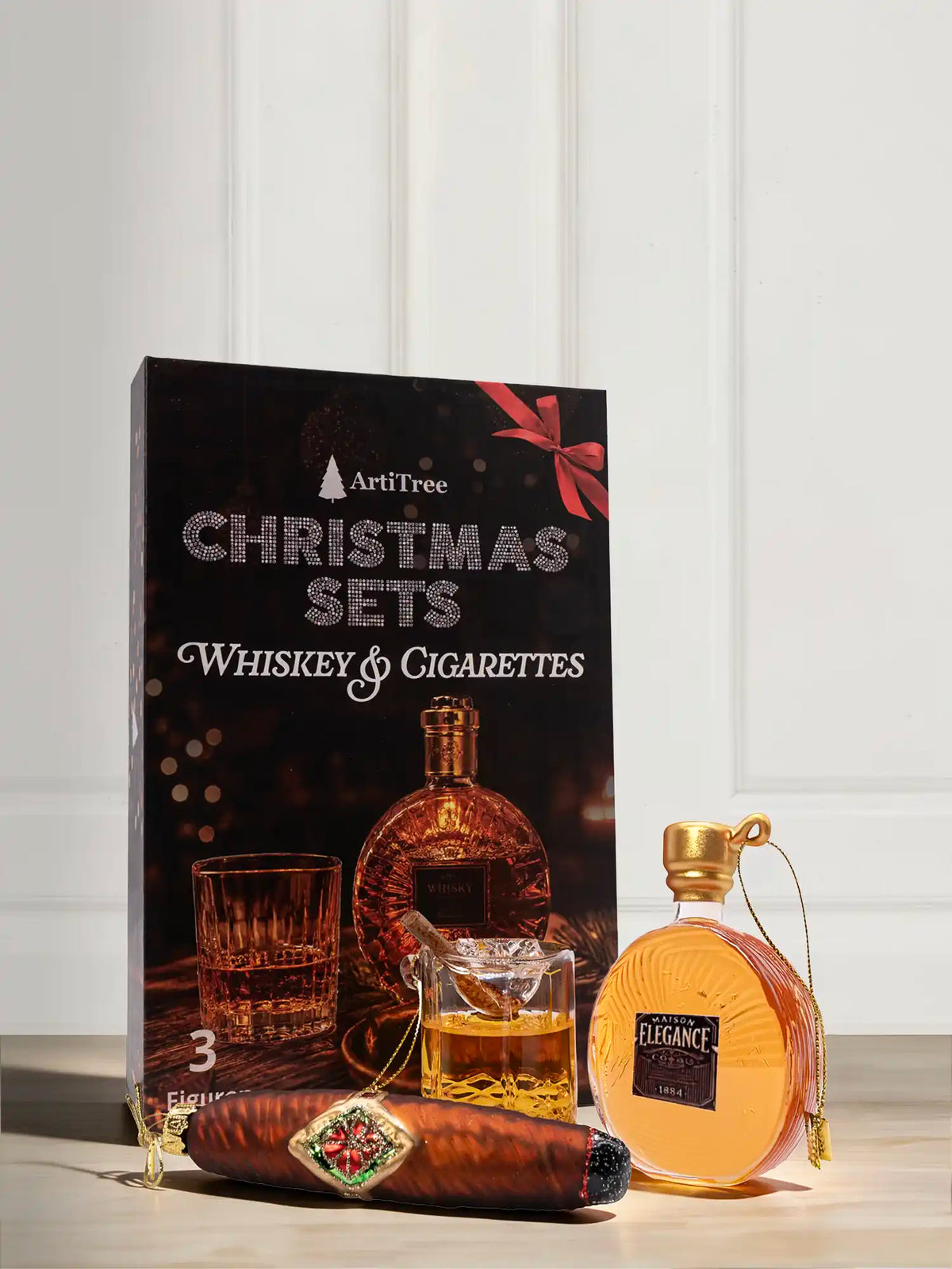 ArtiTree Glasfigurenset Whiskey & Cigarettes – Drei Glasfiguren (Zigarre, runde Whiskeyflasche, Whiskeyglas mit Eis)