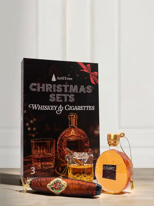 ArtiTree Glasfigurenset Whiskey & Cigarettes – Drei Glasfiguren (Zigarre, runde Whiskeyflasche, Whiskeyglas mit Eis)