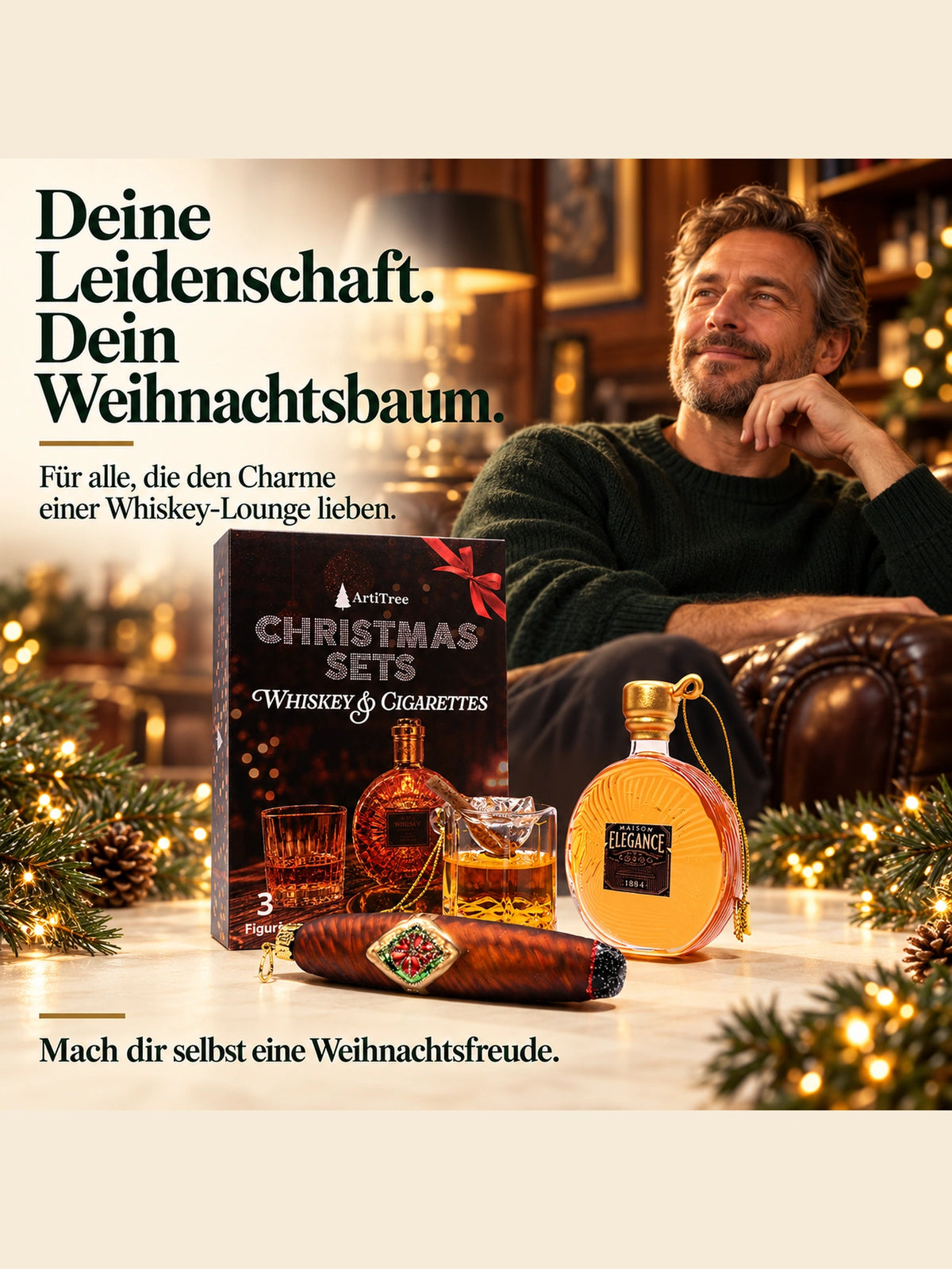 ArtiTree Glasfigurenset Whiskey & Cigarettes – Lifestyle-Aufnahme mit Person und Tagline „Für alle, die Whiskey lieben", Box und alle drei Glasfiguren, goldene Weihnachtslichter im Hintergrund