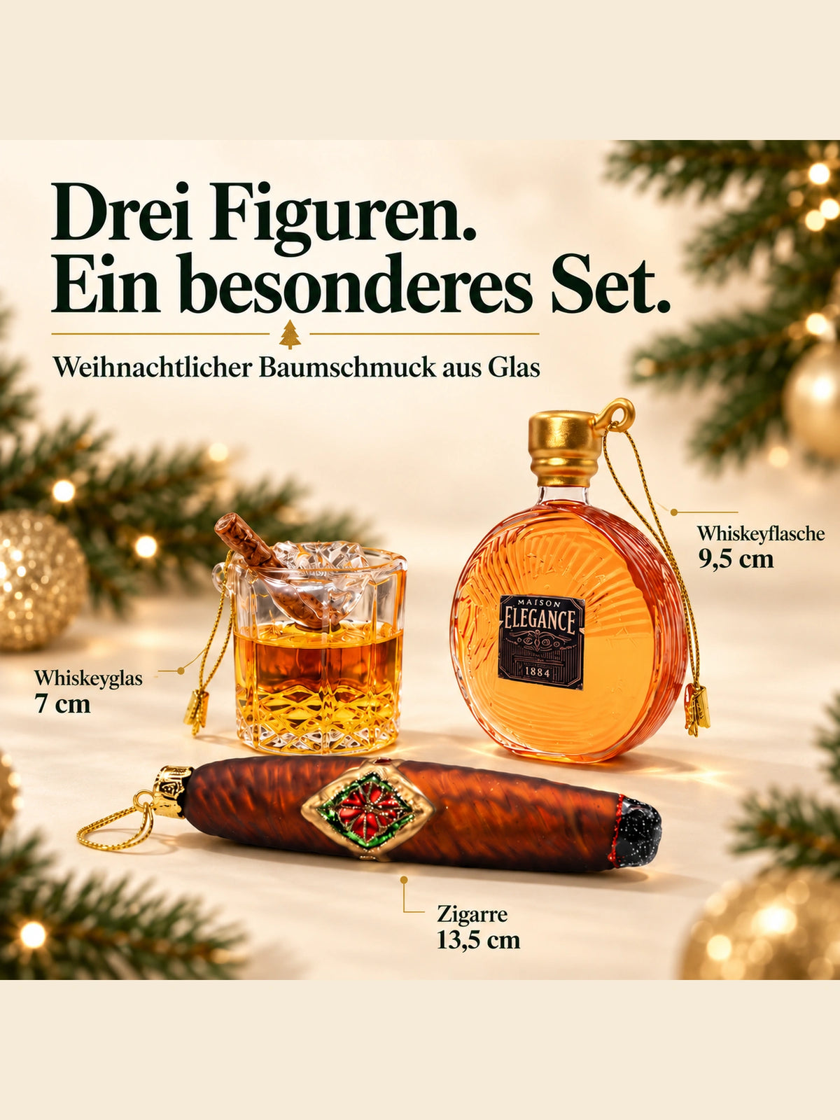ArtiTree Glasfigurenset Whiskey & Cigarettes – Drei Figuren mit Größenangaben: Zigarre 13,5cm, Whiskeyflasche 9,5cm, Whiskeyglas 7cm