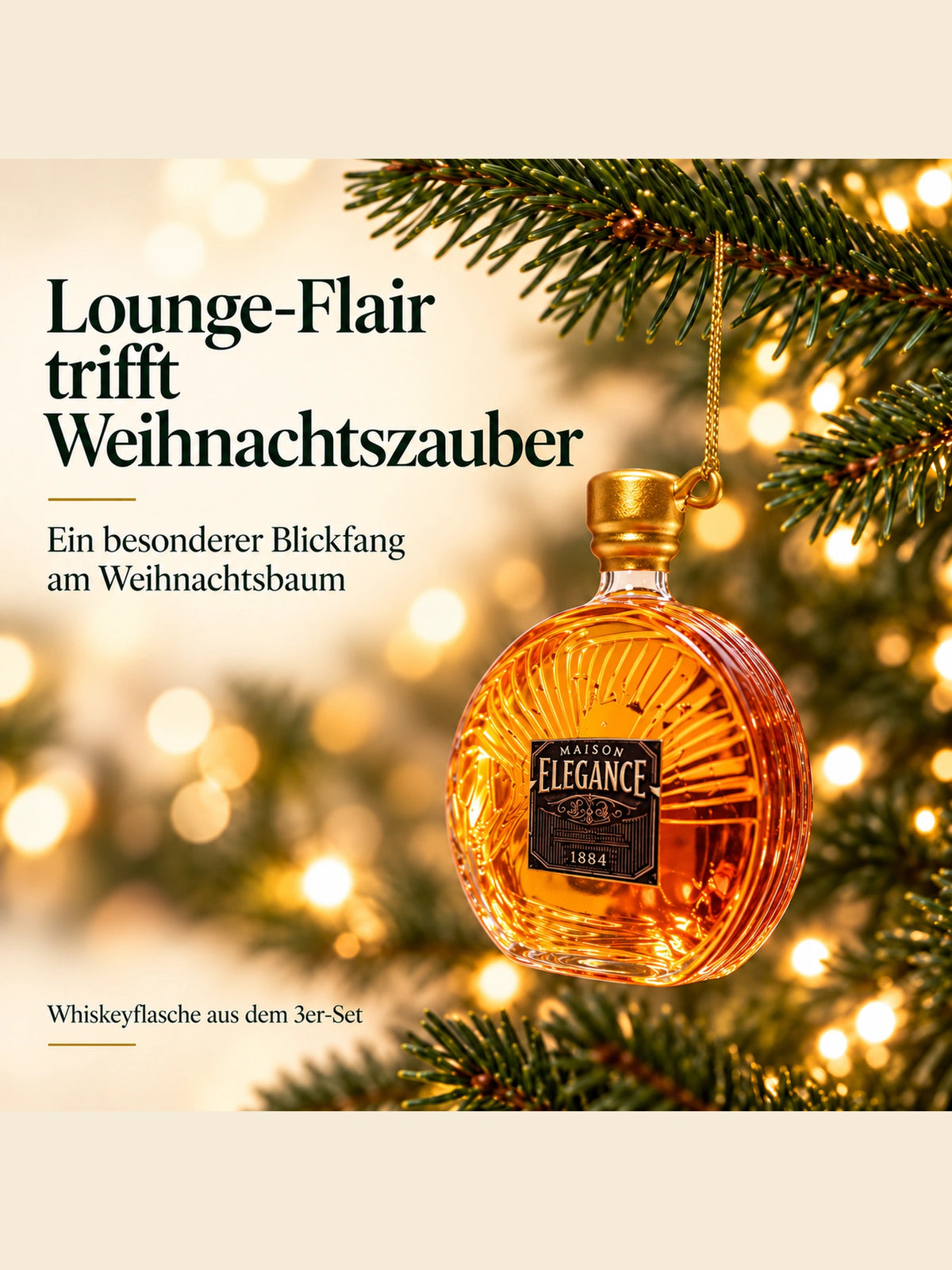 ArtiTree Glasfigur Whiskeyflasche (rund, Amber-Glas, Aufschrift „Maison Elegance 1884", 9,5cm) am Weihnachtsbaum hängend – „Lounge-Flair trifft Weihnachtszauber", goldenes Hängeelement