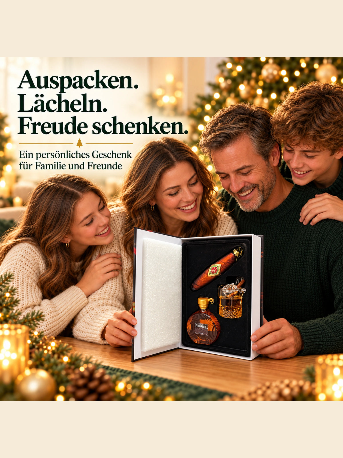 ArtiTree Glasfigurenset Whiskey & Cigarettes – Familie öffnet gemeinsam die Buchverpackung, „Auspacken. Lächeln. Freude schenken.", festliche Weihnachtsstimmung