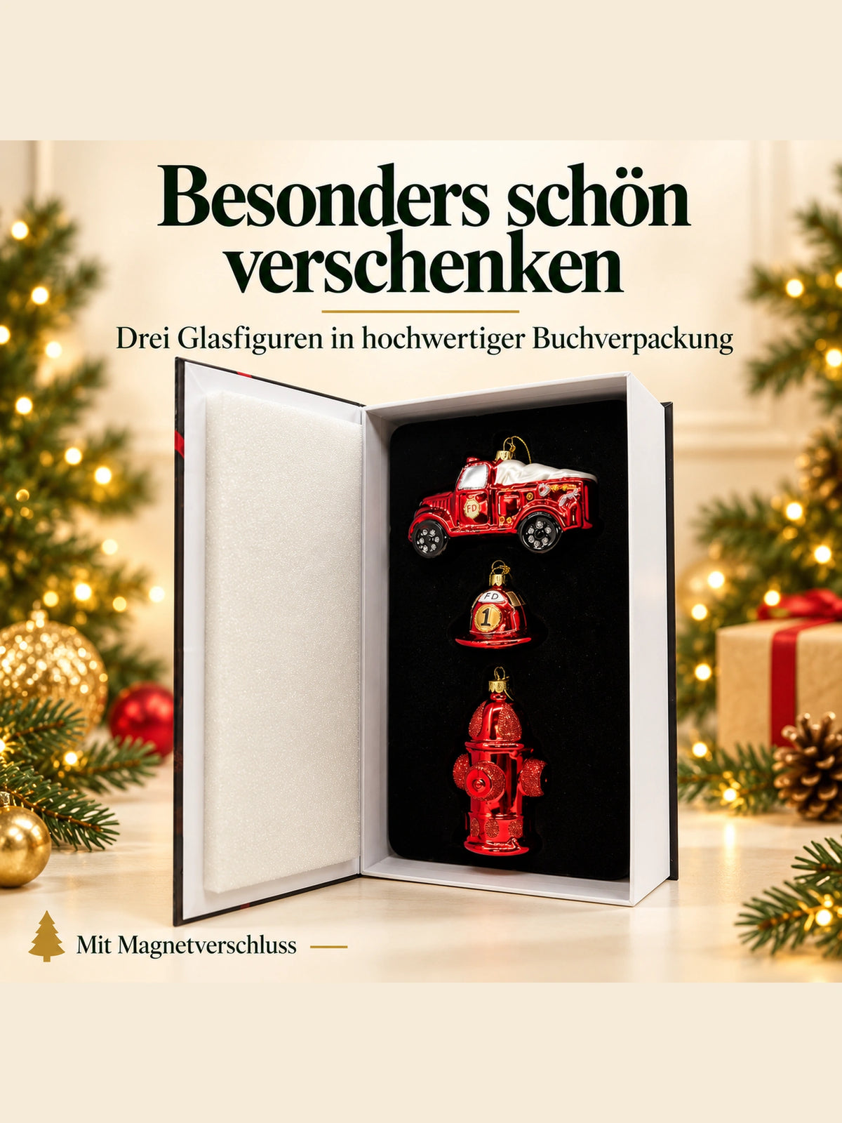 ArtiTree Glasfigurenset Feuerwehrset – Geöffnete Buchverpackung mit Magnetverschluss und drei Glasfiguren, Aufschrift „Besonders schön verschenken – 3 Glasfiguren in hochwertiger Buchverpackung"