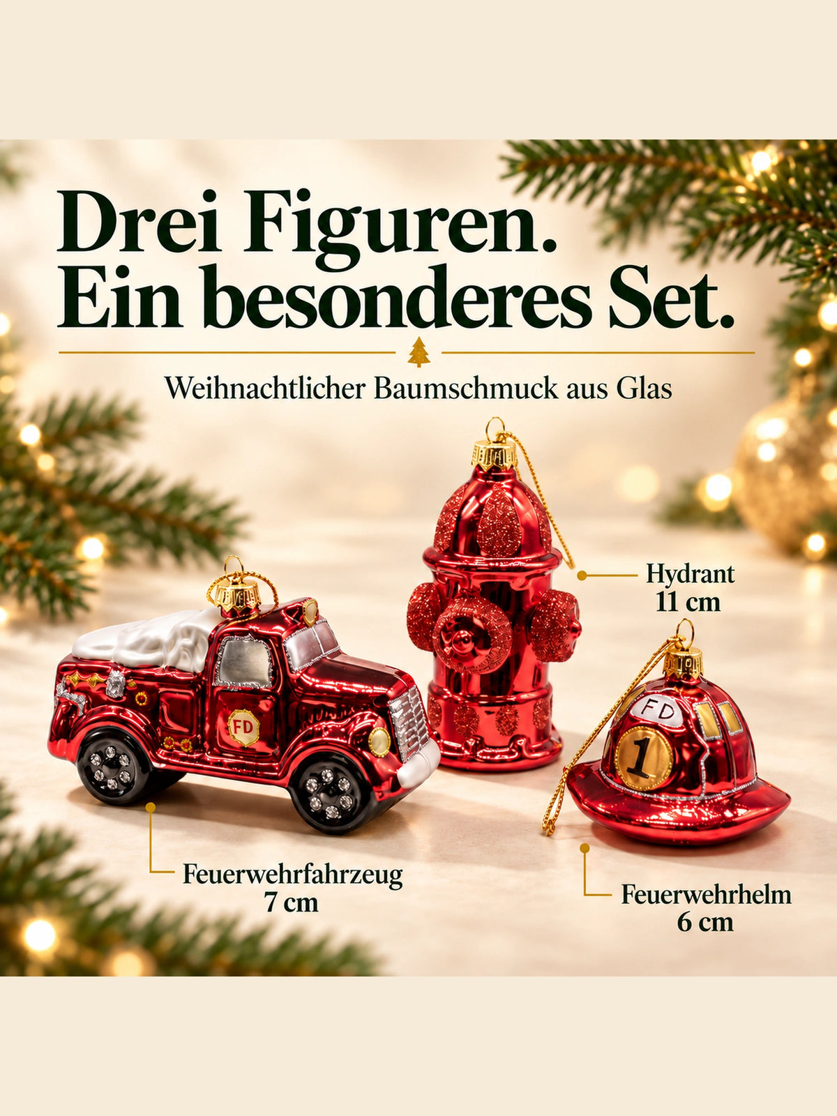 ArtiTree Glasfigurenset Feuerwehrset – Drei Figuren mit Größenangaben: Hydrant 11cm, Feuerwehrfahrzeug 7cm, Feuerwehrhelm 6cm