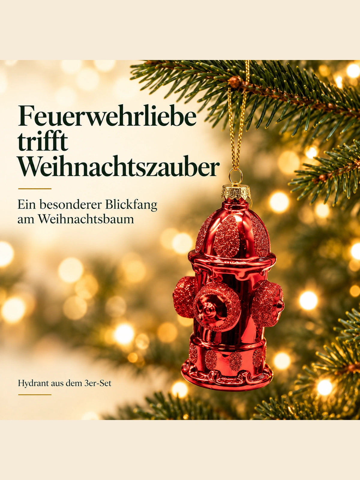 ArtiTree Glasfigur Hydrant (rot, Glitter-Finish, 11cm) am Weihnachtsbaum hängend – „Feuerwehrliebe trifft Weihnachtszauber", goldenes Hängeelement