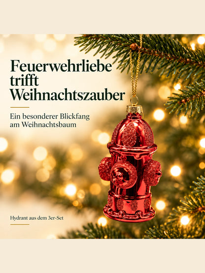 ArtiTree Glasfigur Hydrant (rot, Glitter-Finish, 11cm) am Weihnachtsbaum hängend – „Feuerwehrliebe trifft Weihnachtszauber", goldenes Hängeelement