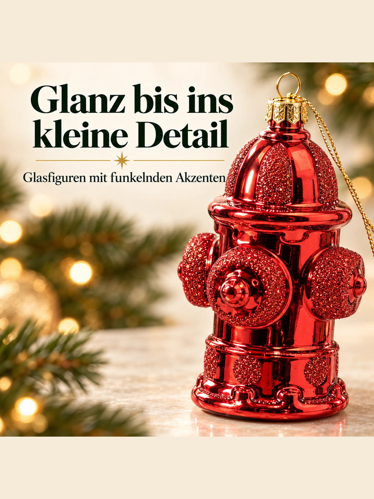 ArtiTree Glasfigurenset Feuerwehrset – Detailnahaufnahme einer Glasfigur, handbemaltes Glas in Rot mit Glanzfinish, „Glanz bis ins kleine Detail"