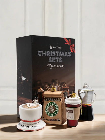 ArtiTree Glasfigurenset Kaffeeset – Vier Glasfiguren (Espressokocher, Kaffeepackung, roter Coffee-to-go-Becher, Cappuccinotasse)