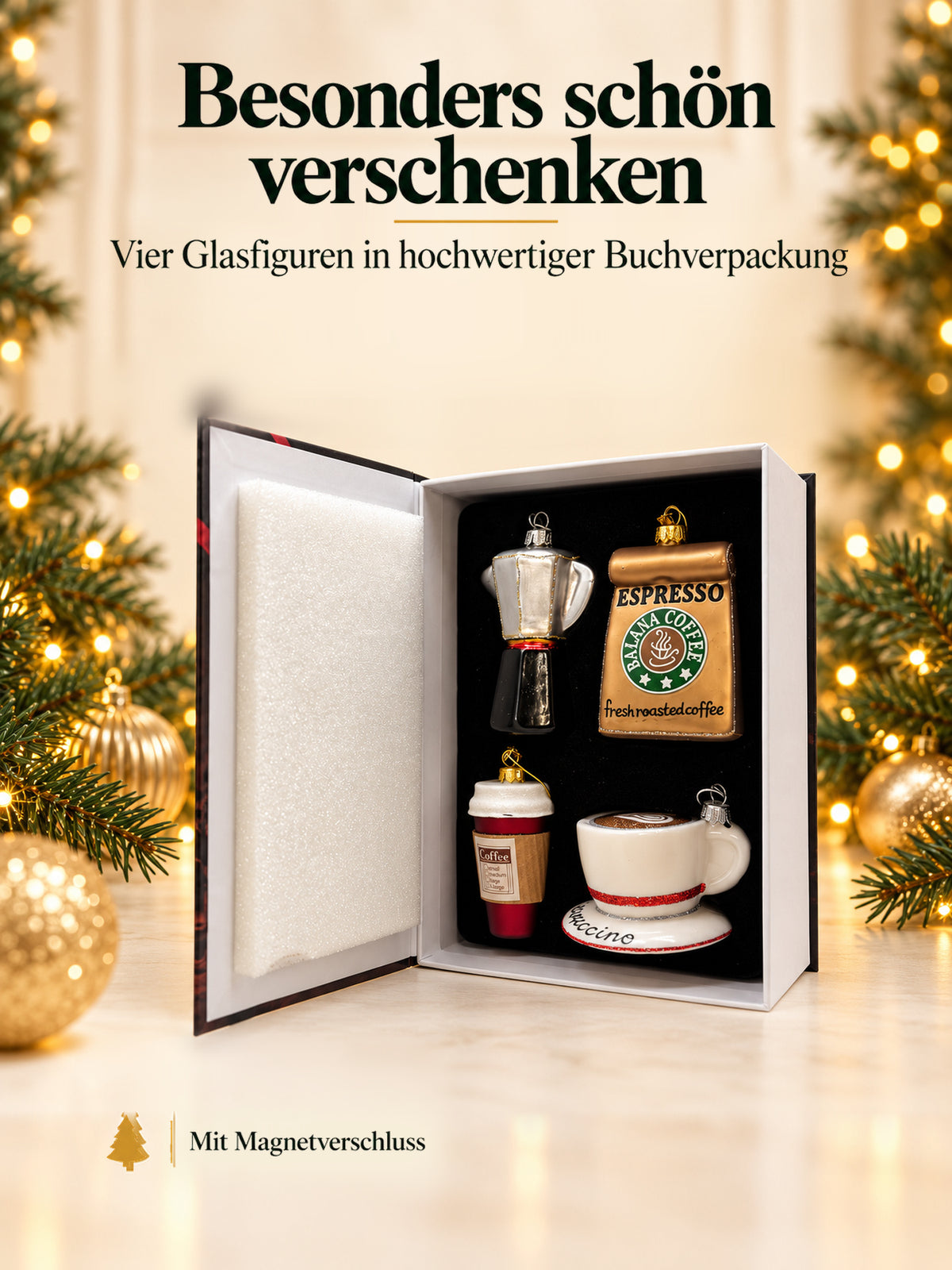 ArtiTree Glasfigurenset Kaffeeset – Geöffnete Buchverpackung mit Magnetverschluss und vier Glasfiguren, Aufschrift „Besonders schön verschenken – 4 Glasfiguren in hochwertiger Buchverpackung"