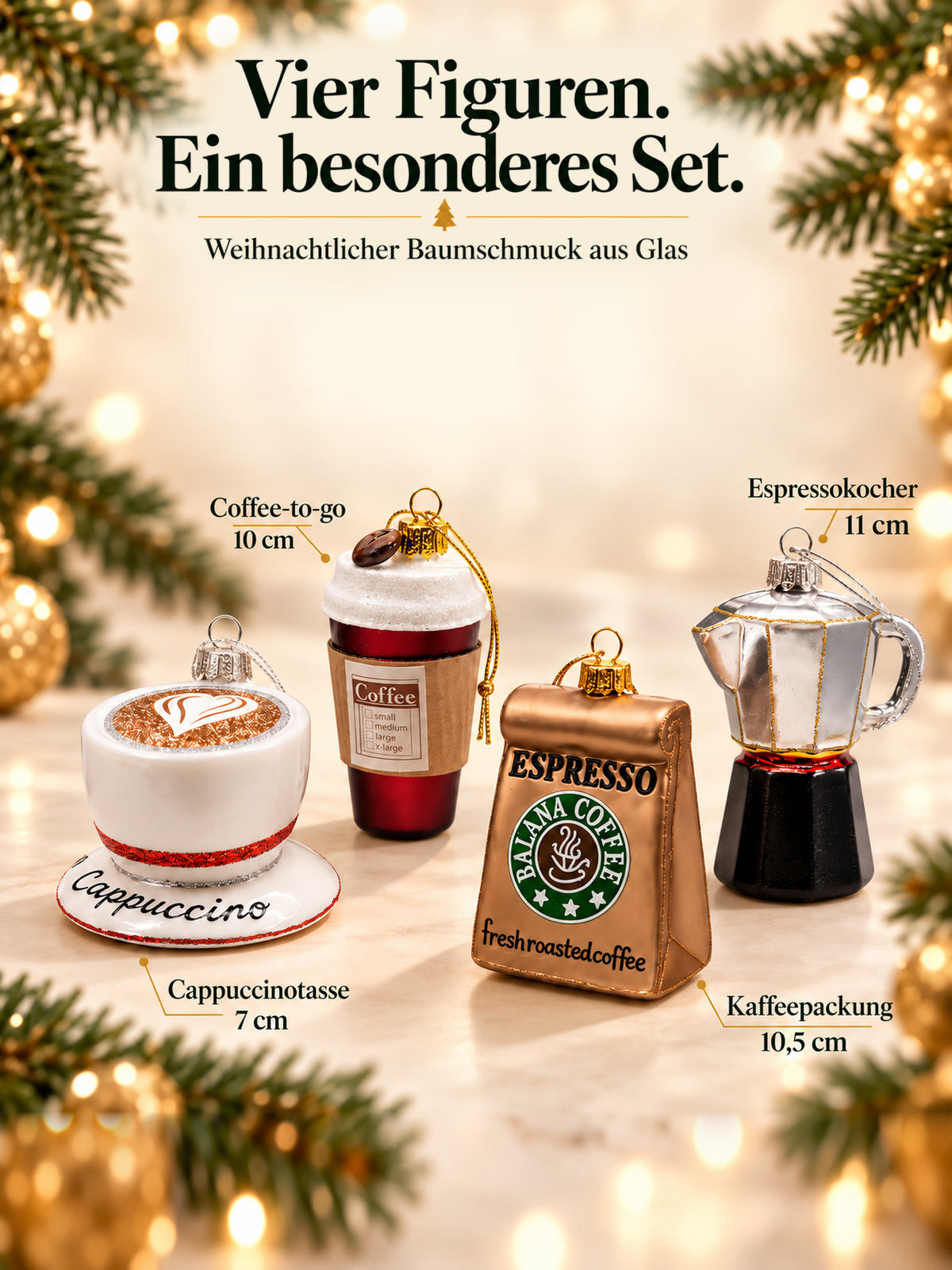 ArtiTree Glasfigurenset Kaffeeset – Vier Figuren mit Größenangaben: Espressokocher 11cm, Kaffeepackung 10,5cm, Coffee-to-go 10cm, Cappuccinotasse 7cm